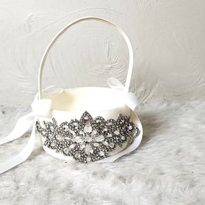 Silk basket -white bow embellishments jewels sequins diamonds Flower girl bridal
